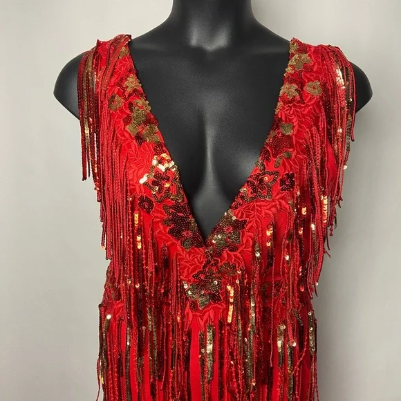 green emerald velvet dress Zapaka Women Gatsby Dress Sequins Red Long 1920s Flapper Dress with Short Sleeves, Red / S main image 1